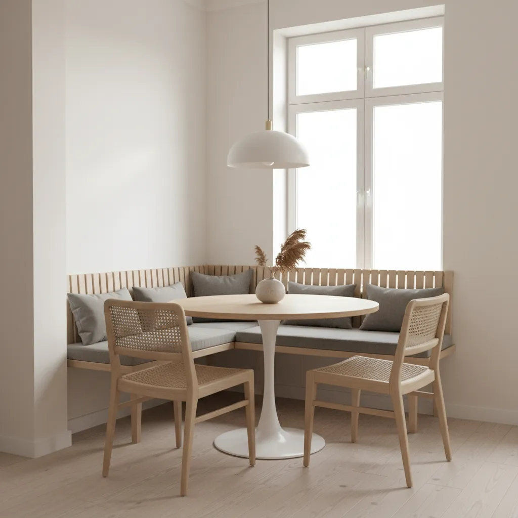 Modern small dining nook with round table and natural light