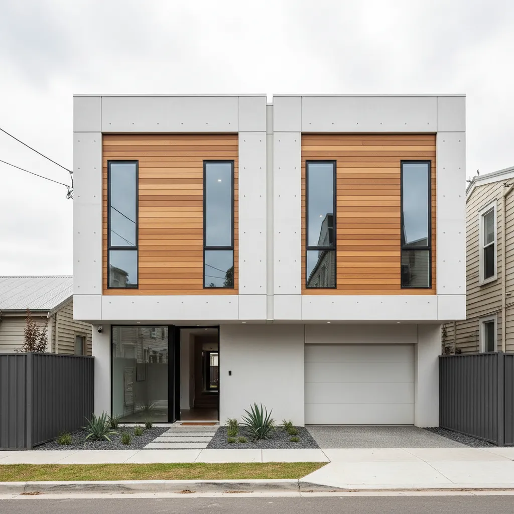 Modern house exterior with white walls wood panels four windows garage and a front garden