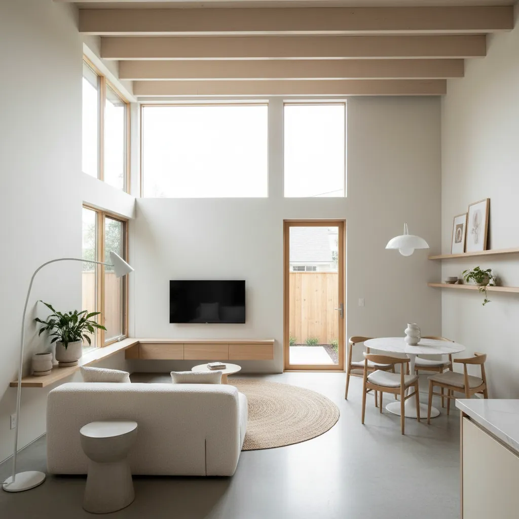 Interior luminoso de una casa pequeña moderna con grandes ventanas