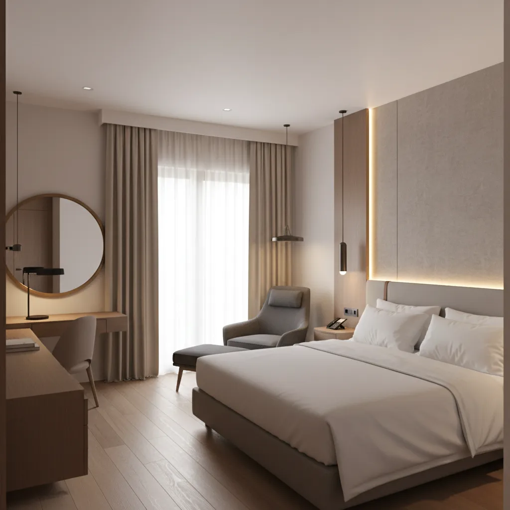 compact modern five star hotel room design with smart furniture layout