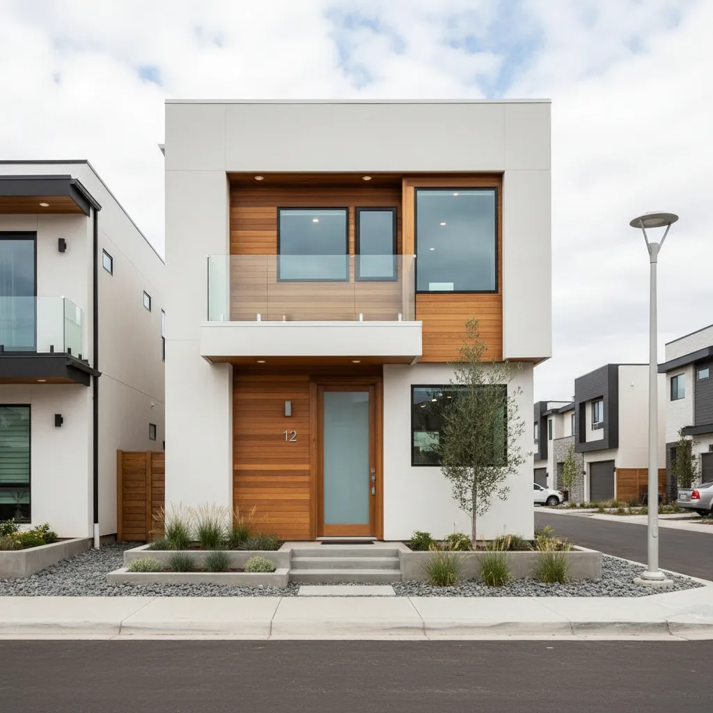 Modern white two-story house with wood panels, glass balcony, large windows, and a street lamp