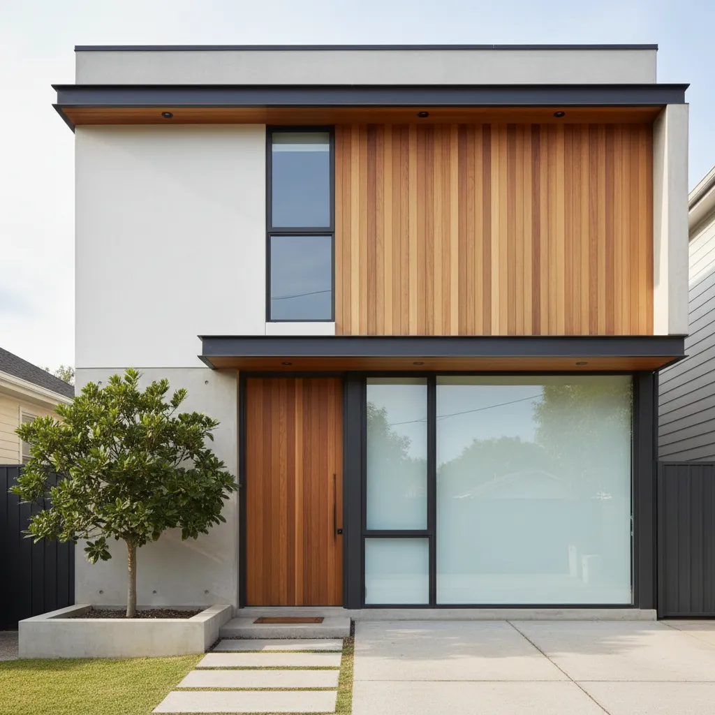 Modern two story house exterior with white walls wood panels glass windows and green tree
