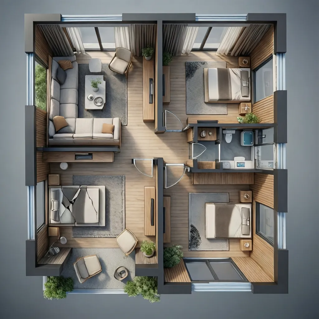 Plano de casa moderna pequeña con distribución eficiente