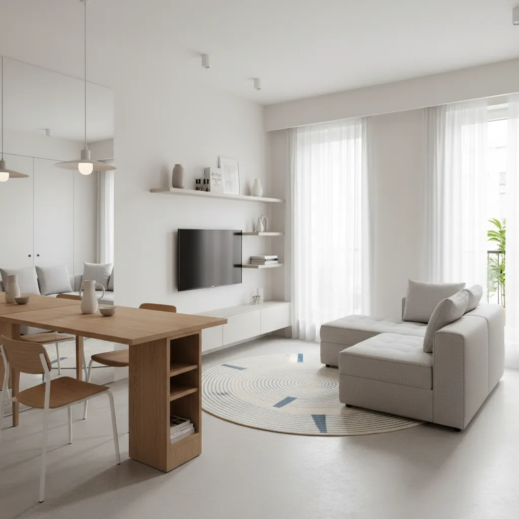 Small modern living area with wooden dining table grey sofa round rug and white shelves