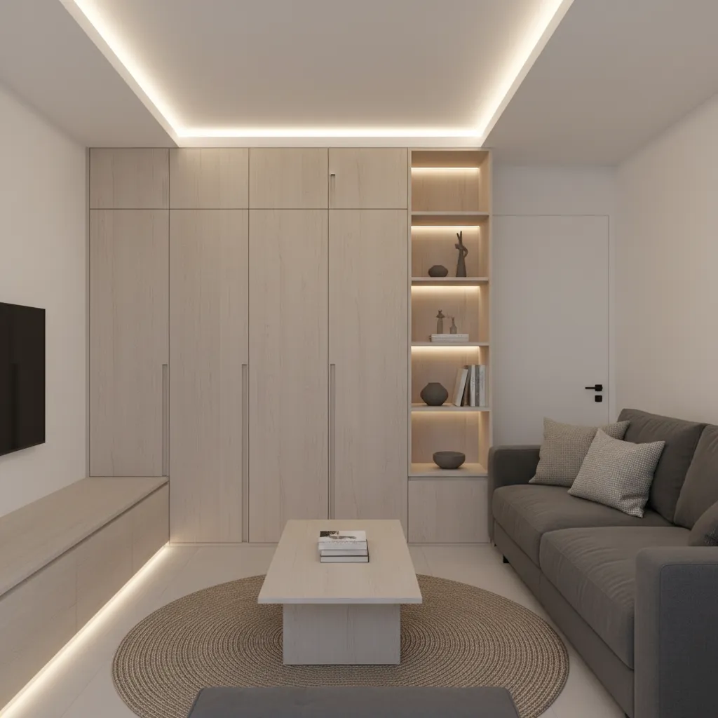 Modern living room with grey sofa, light wood cabinets, round rug, and warm ceiling light