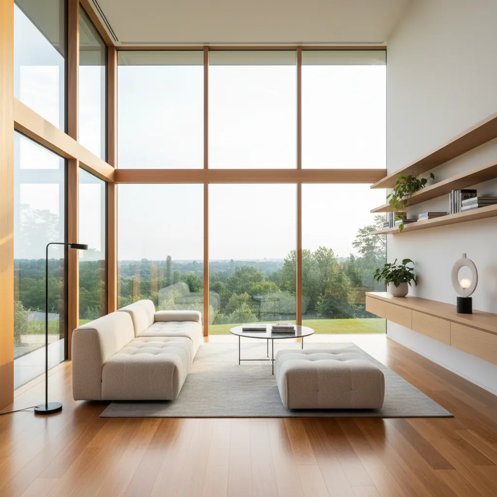 Interior de casa pequeña con grandes ventanas y mucha luz natural