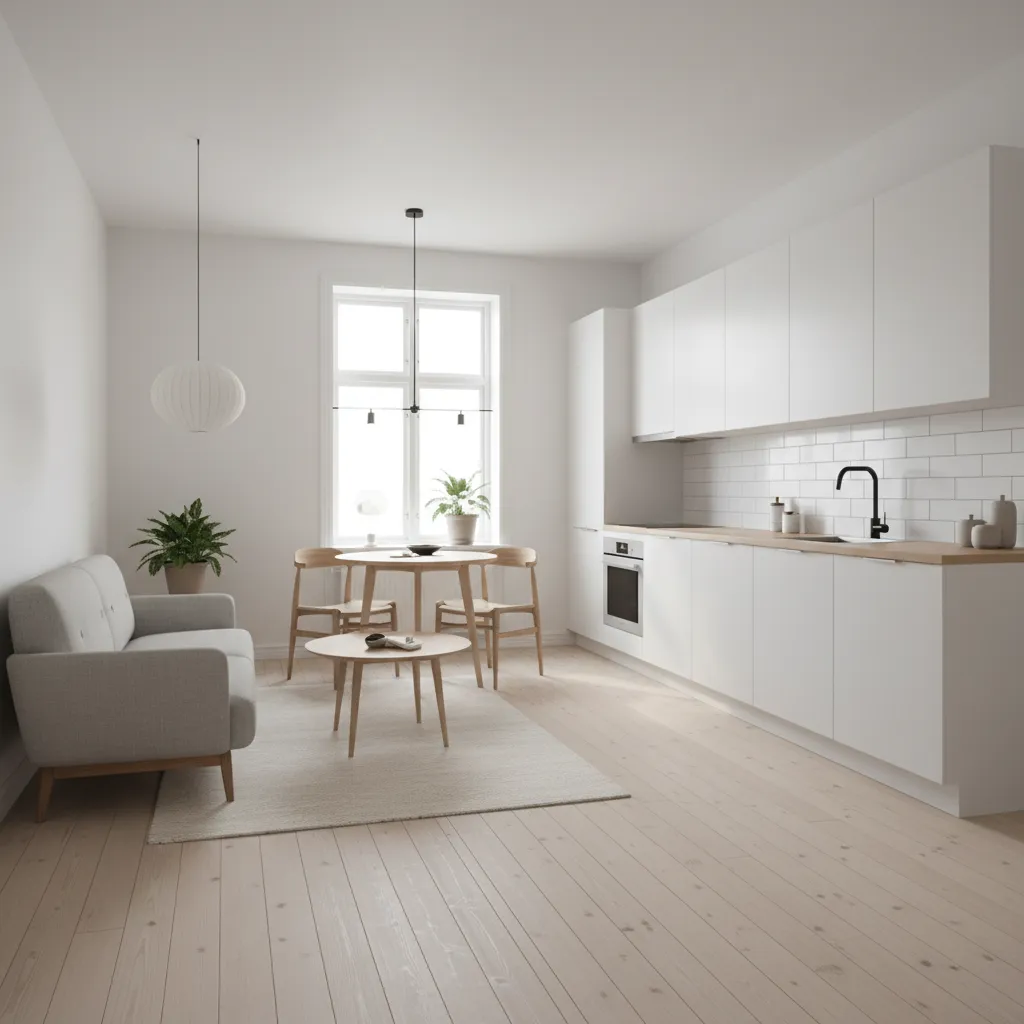 Interior de casa pequeña moderna con sala, comedor y cocina abiertos