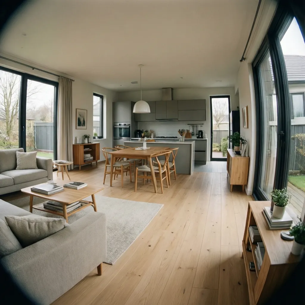 Interior de casa pequeña moderna con cocina abierta y sala integrada