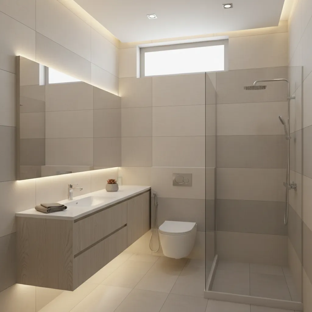 small modern Indian bathroom with wall mounted toilet and vanity