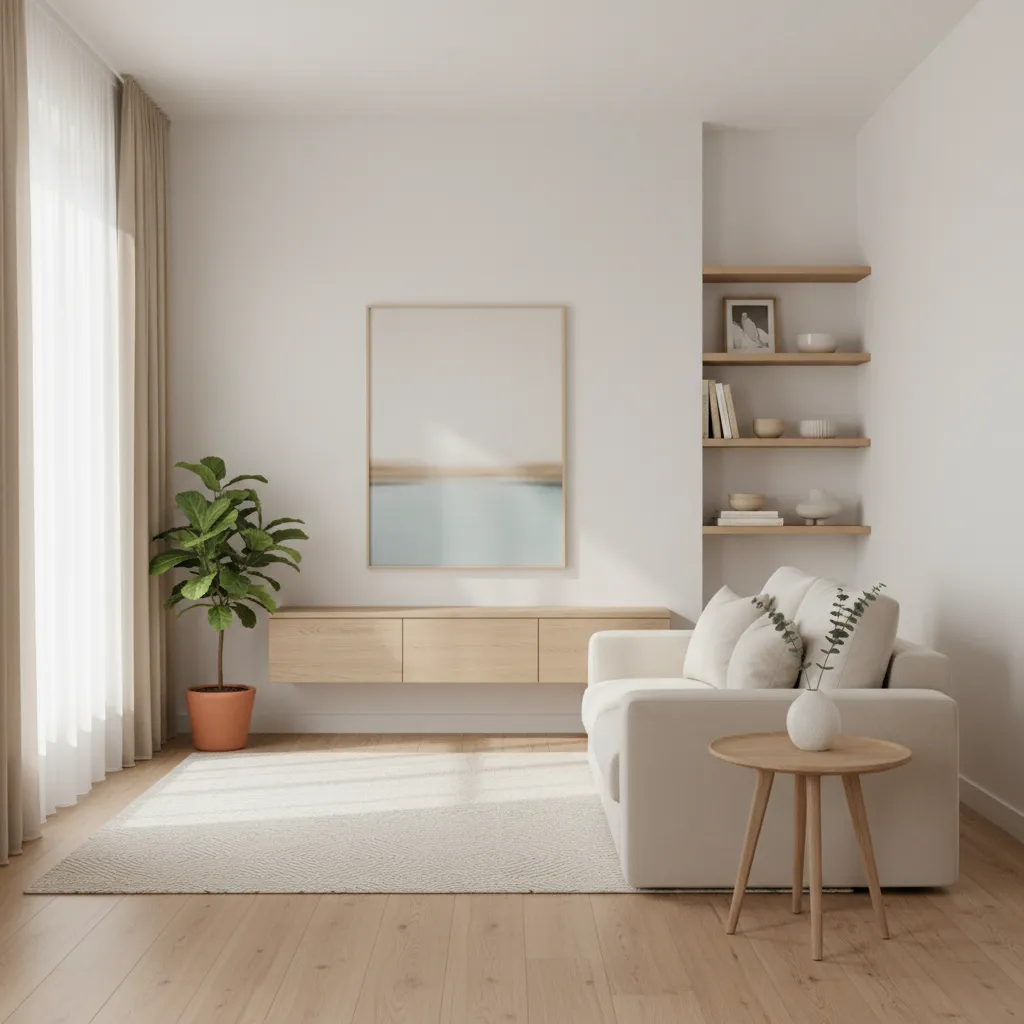 Interior pequeño moderno con colores claros y luz natural