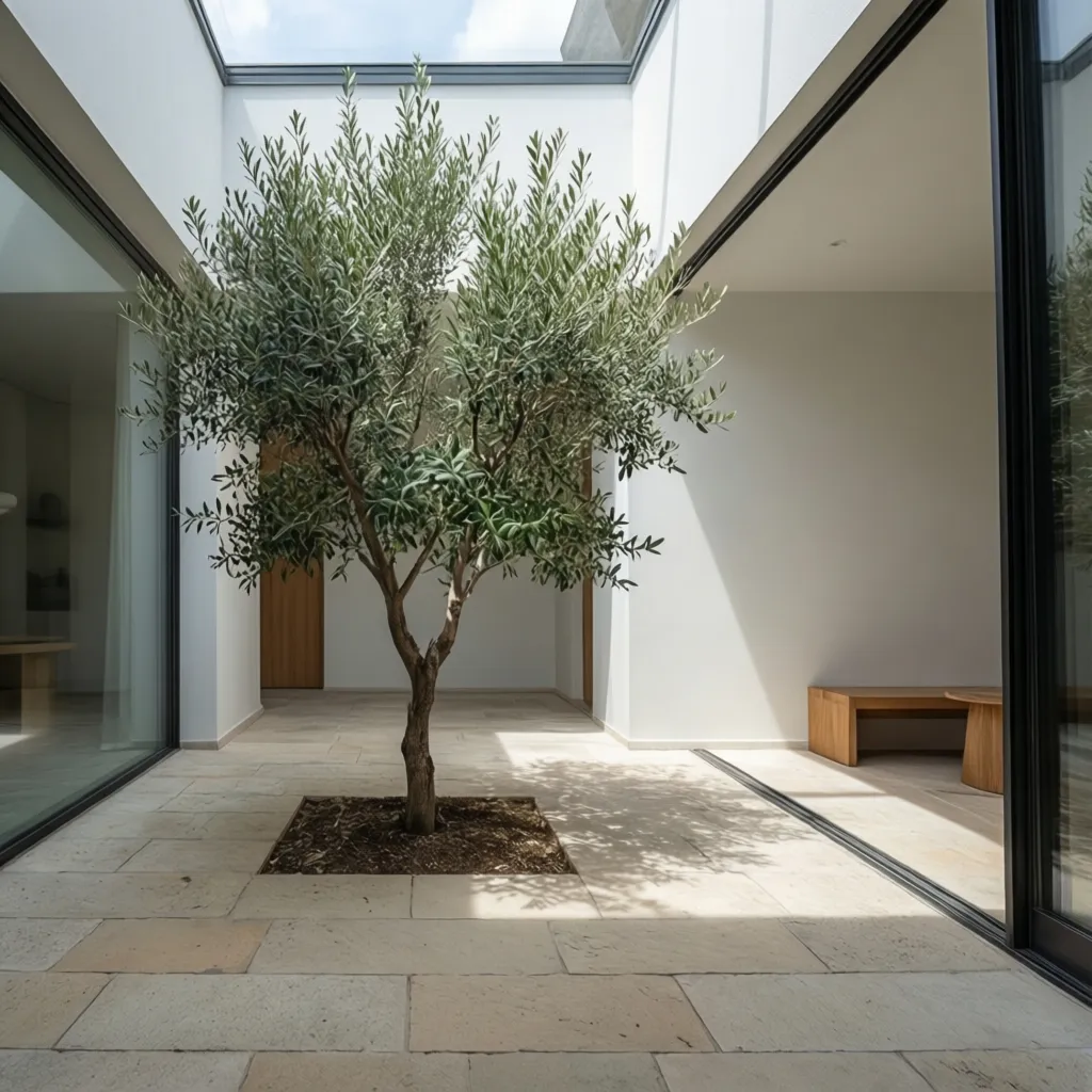Patio interior pequeño con diseño minimalista y una planta central