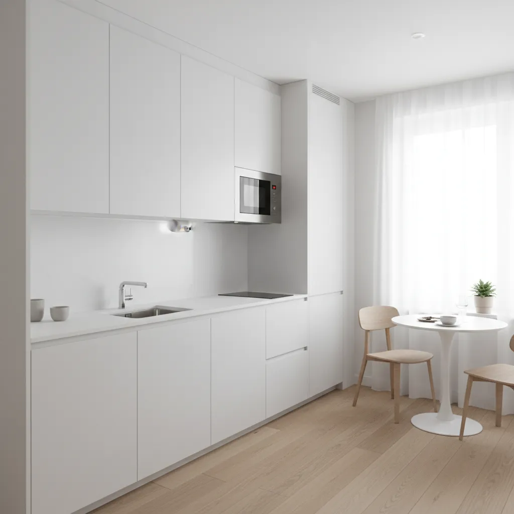 Cocina moderna pequeña optimizada con almacenamiento vertical