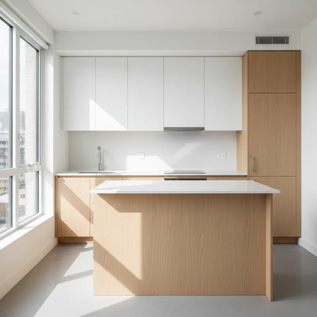 Small modern kitchen with ceiling height cabinets and minimal design