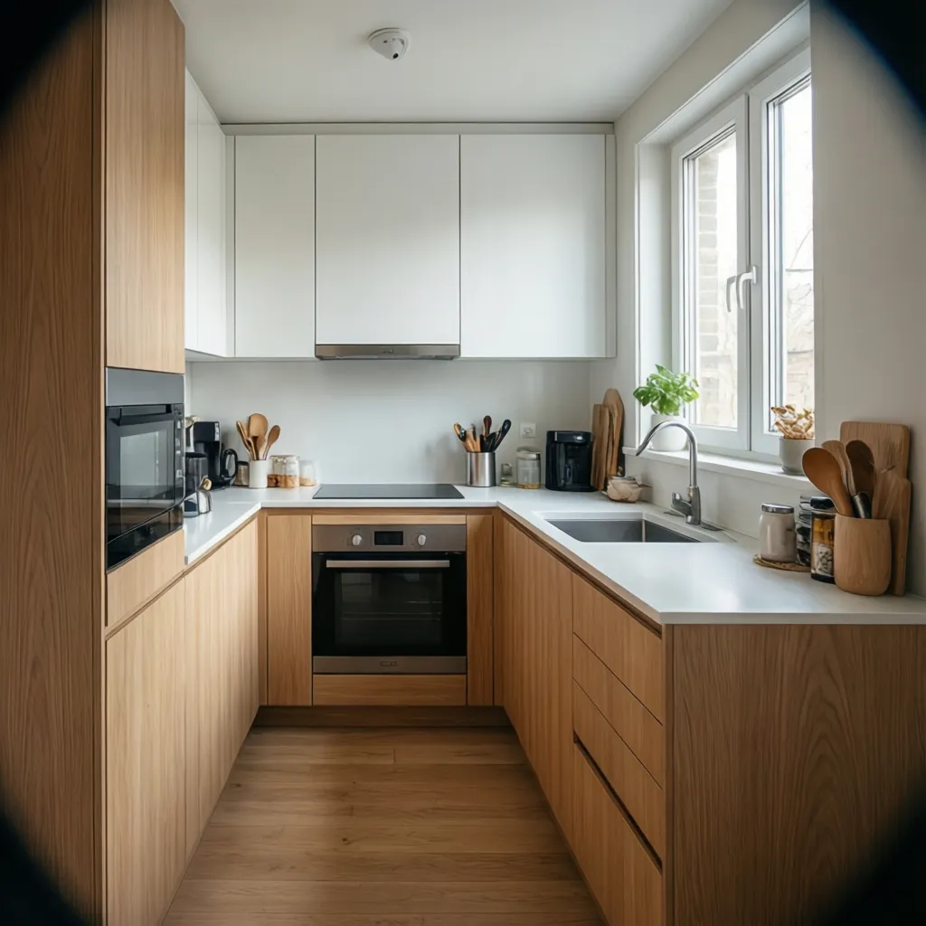Cocina pequeña moderna con diseño sencillo y funcional