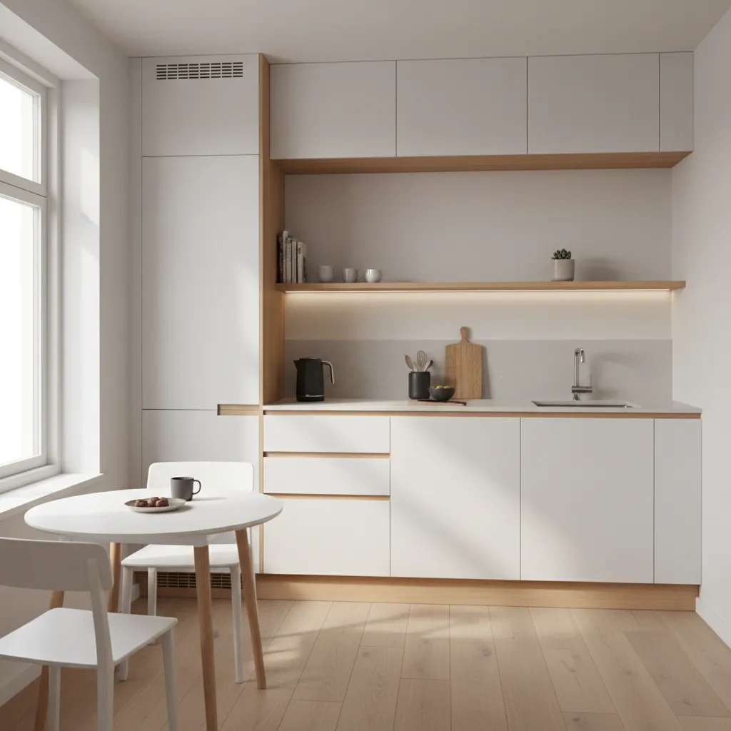 Compact modern kitchen with flat panel cabinets and minimal hardware