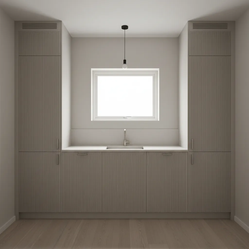 Compact modern kitchen featuring fluted cabinet doors