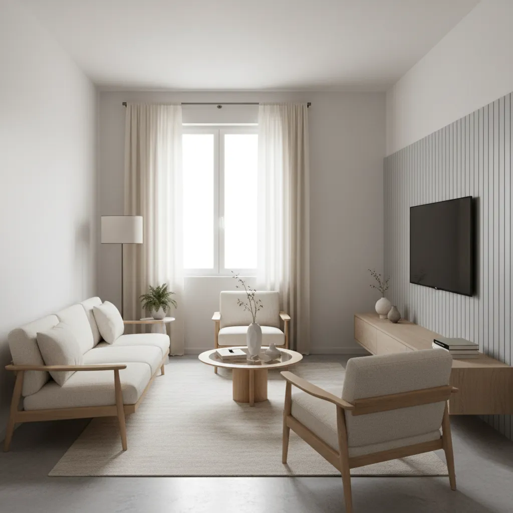 Small modern living room with white sofa, chairs, wooden coffee table, TV, and wall panel