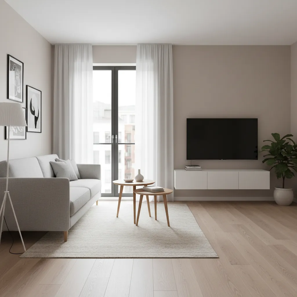 Pequeño salón moderno bien organizado con sofá compacto y mueble suspendido