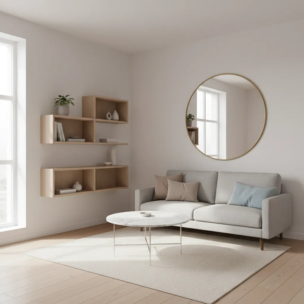 small modern living room interior design with compact furniture and light colors