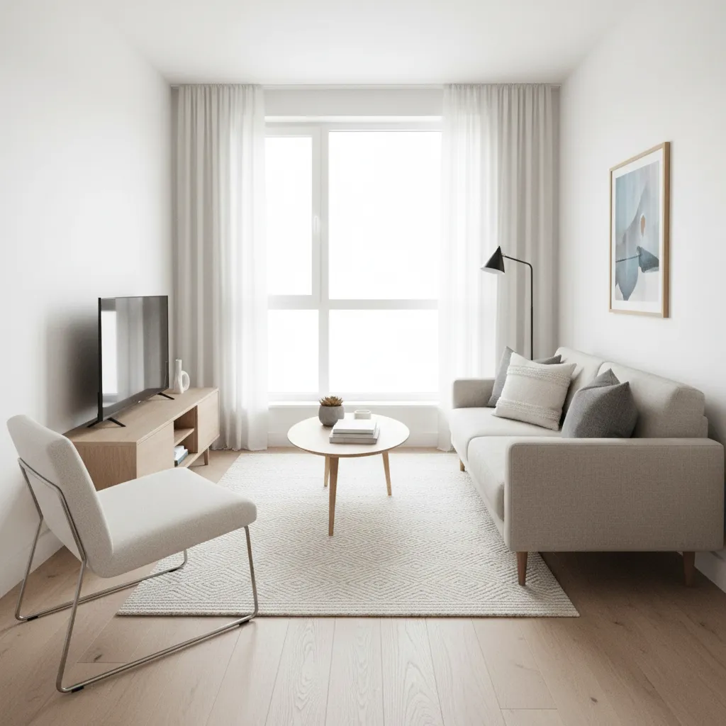Diseño de salón moderno en espacio pequeño con muebles ligeros