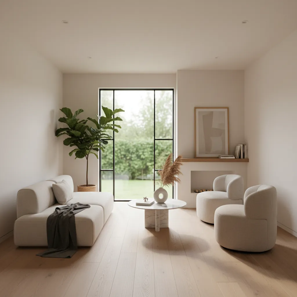 Sala pequeña moderna con distribución abierta y mobiliario minimalista