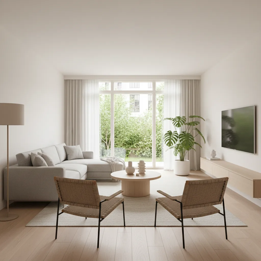 Sala de estar moderna en una casa pequeña con diseño abierto