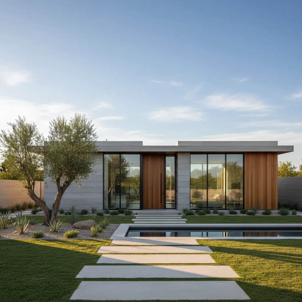 Pequeña casa moderna de una planta con diseño minimalista