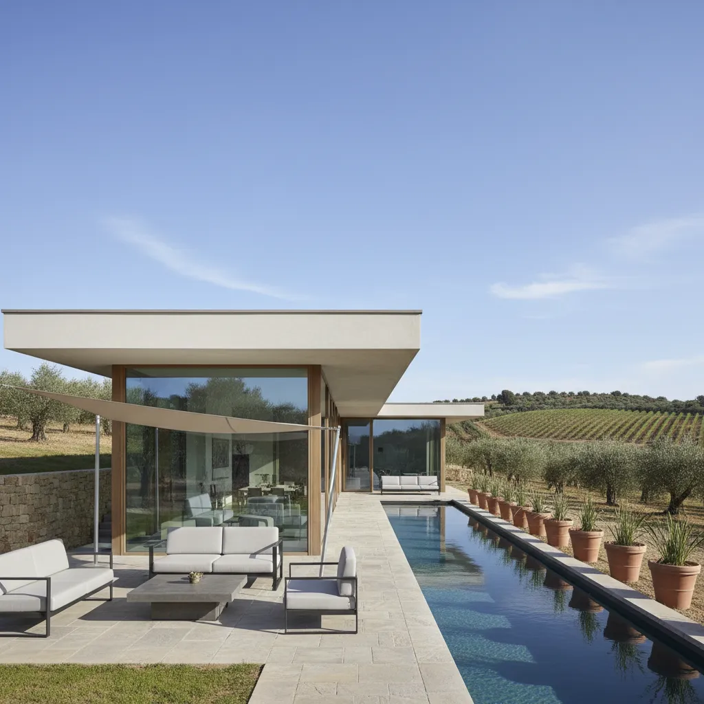 Diseño de casa quinta moderna en terreno pequeño con piscina lineal