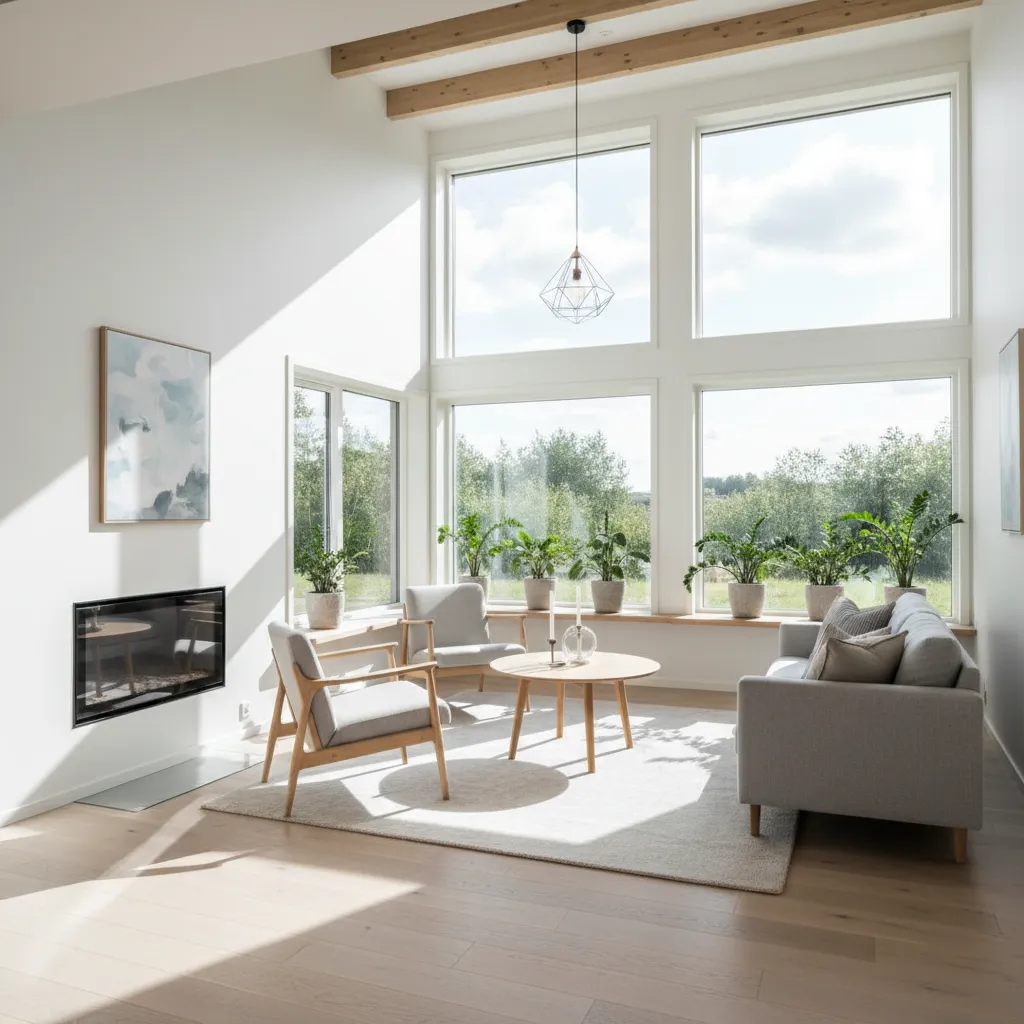 Interior de casa pequeña moderna de una planta con mucha luz natural