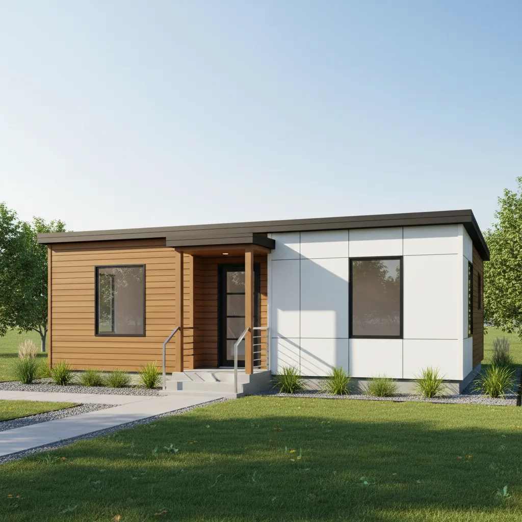 compact modular house exterior under 900 sq ft in a residential lot