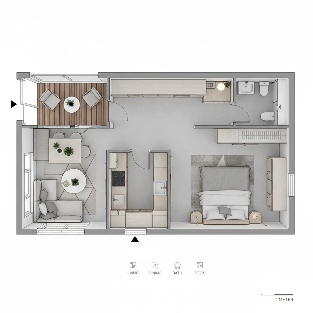 compact modular home floor plan optimized for small living space