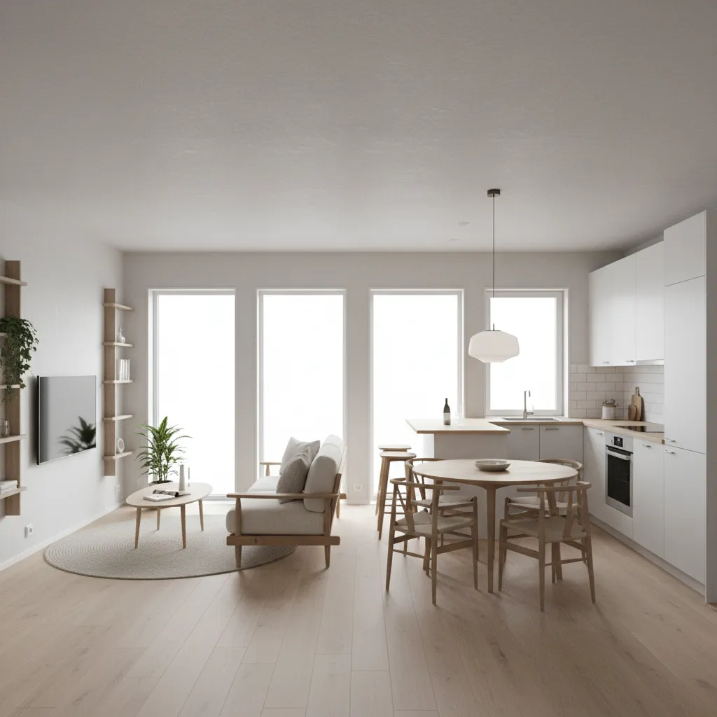 Open living room kitchen layout in a small modular home