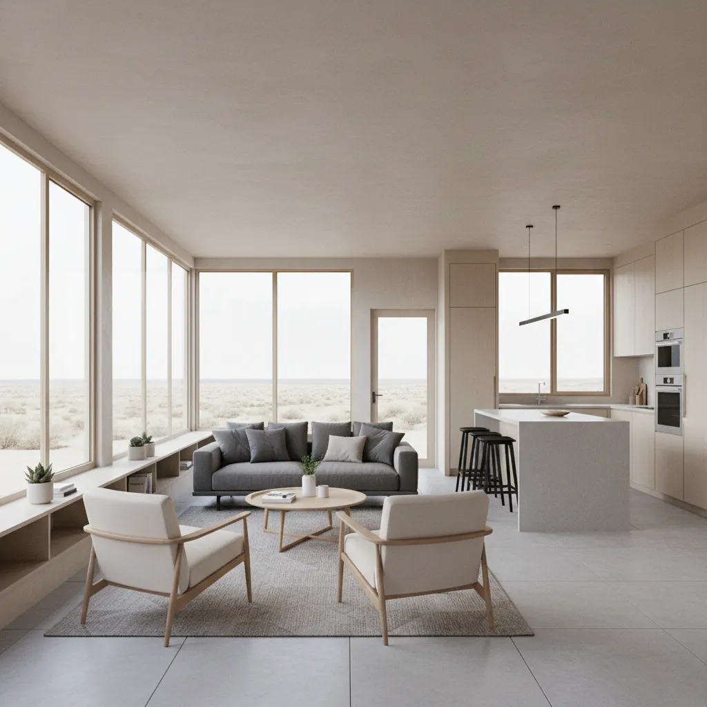 Open plan living room and kitchen layout in a small modular home