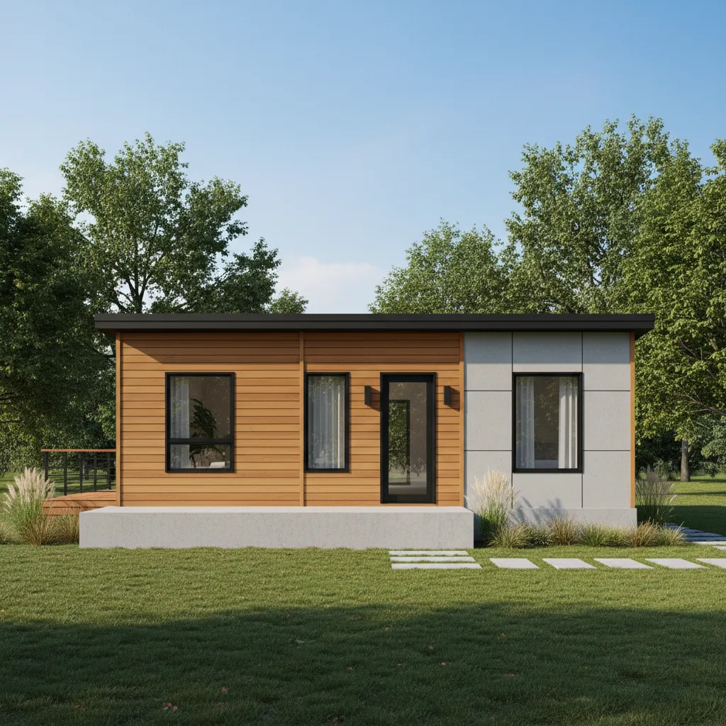 Small modular home under 900 sq ft installed on a suburban residential lot