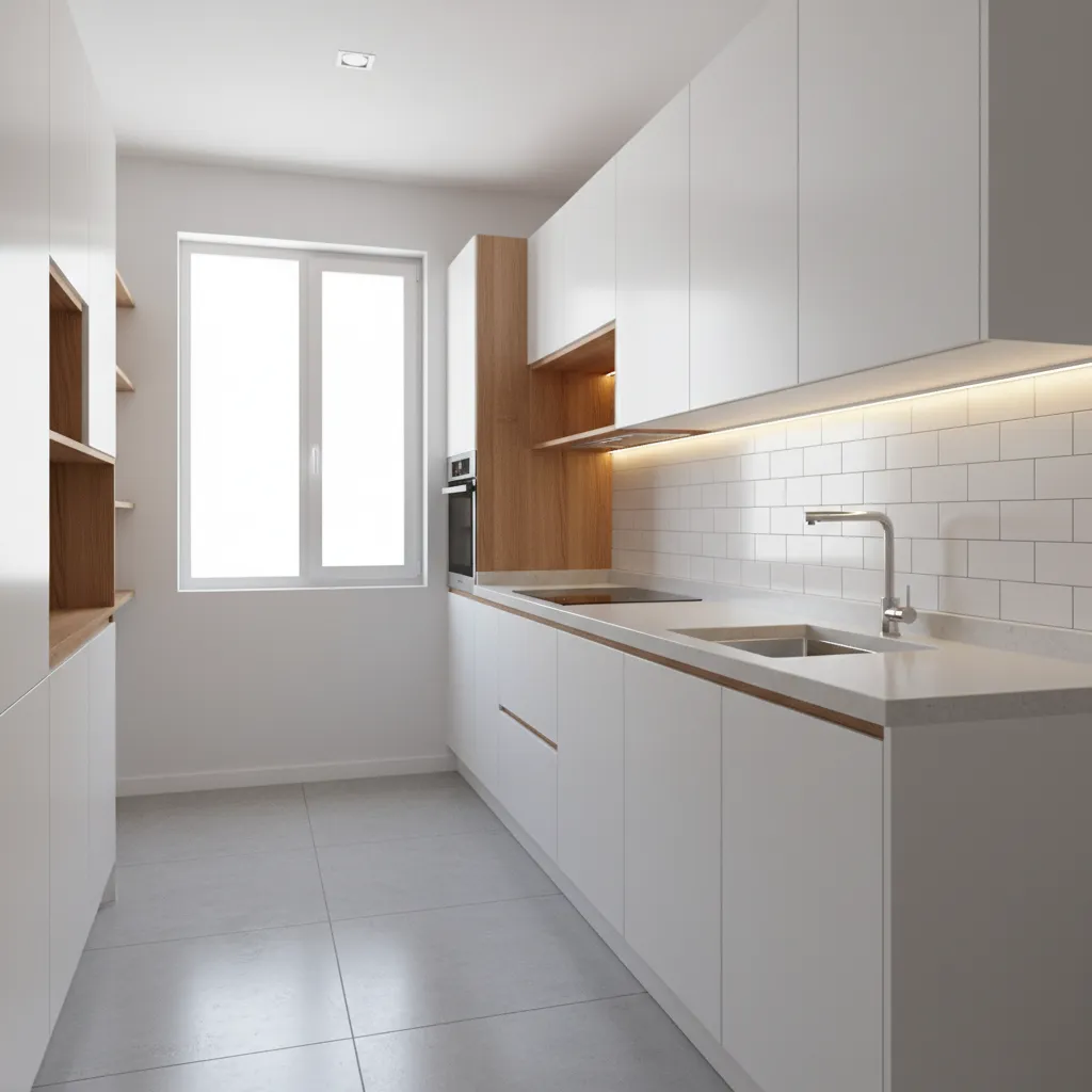 compact modular kitchen 10x6 layout with cabinets and countertop