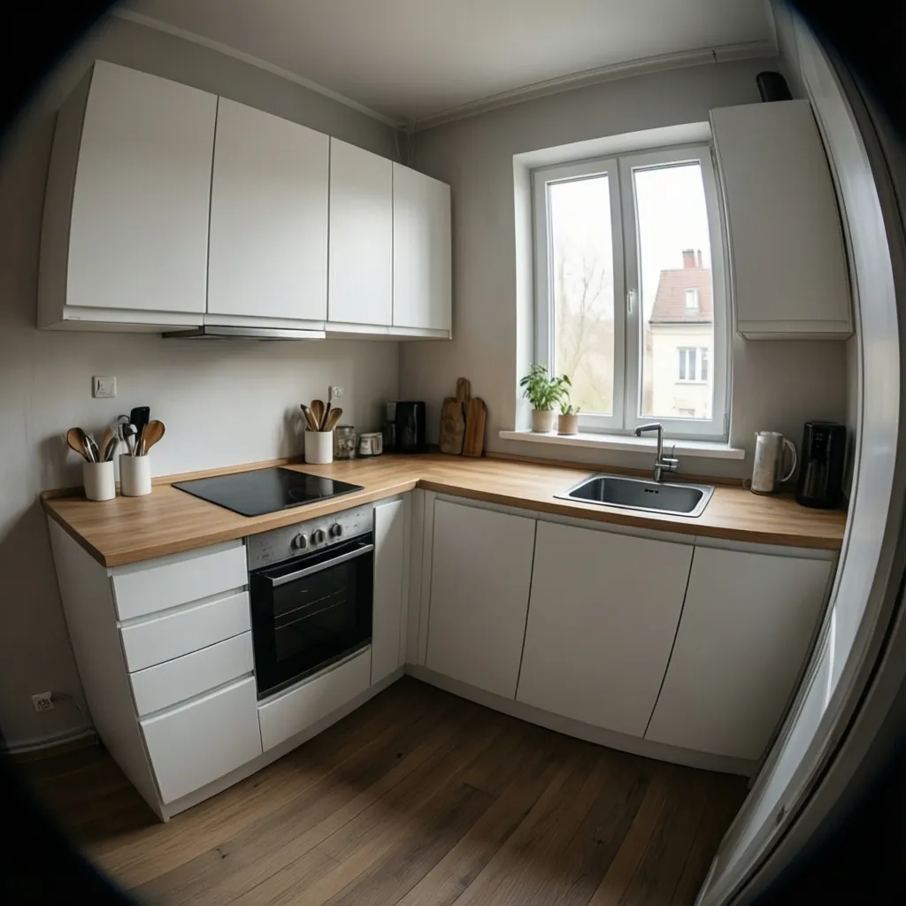 small L shaped modular kitchen with white cabinets and wood countertop