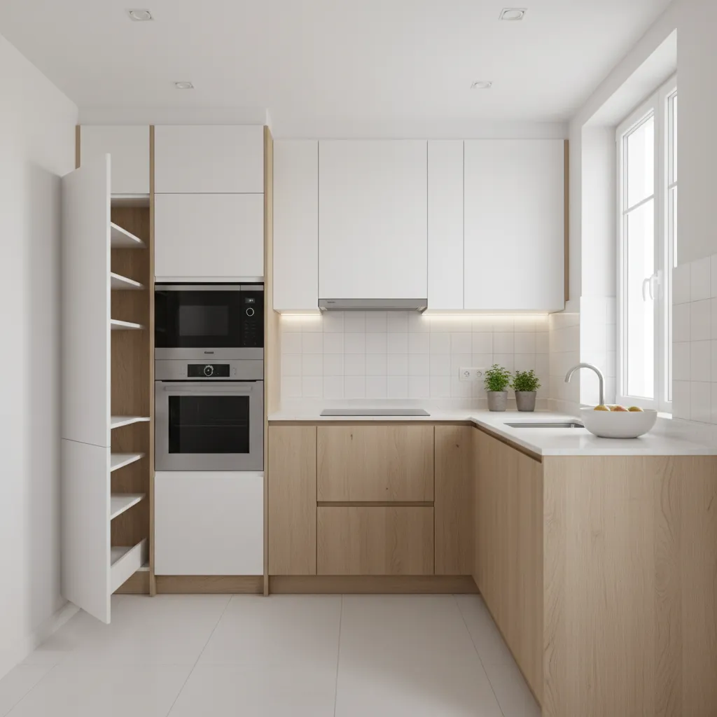 Small modular kitchen layout with vertical cabinets and efficient storage