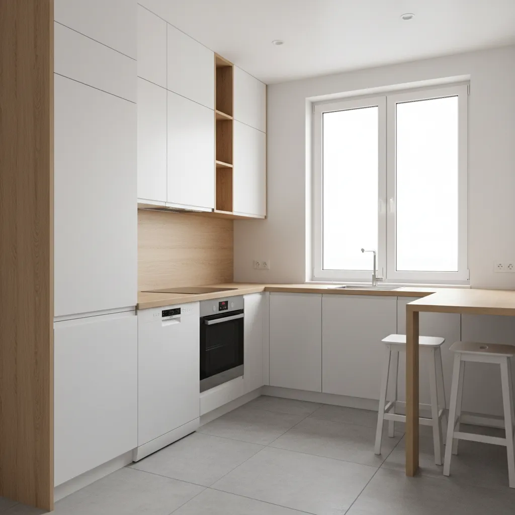 Compact modular kitchen with vertical cabinets and efficient storage layout