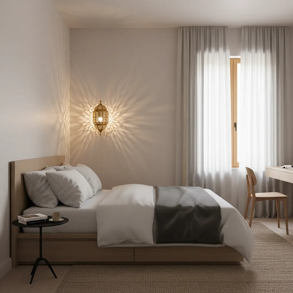 Compact Moroccan wall light installed beside a bed in a small bedroom