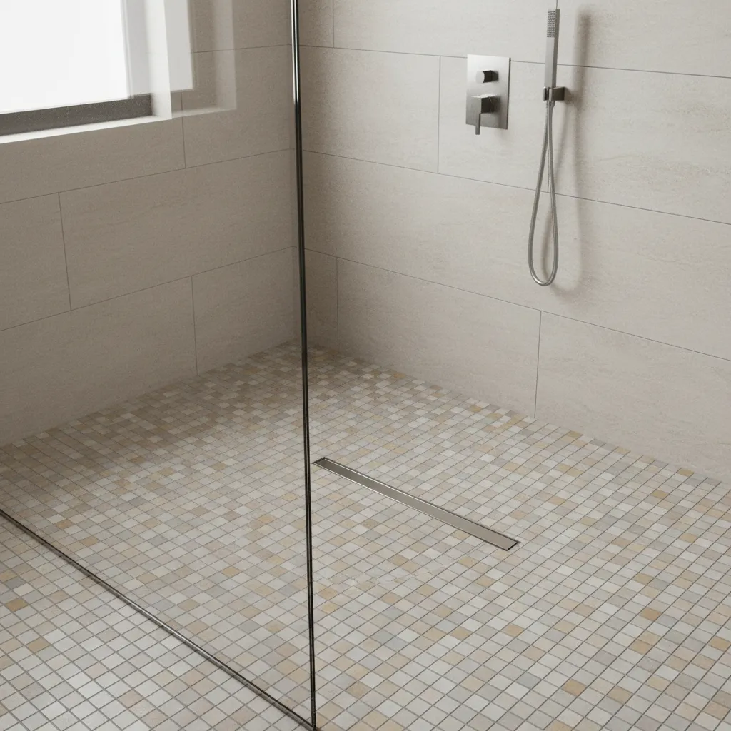 Walk in shower floor with small mosaic tiles for drainage and grip