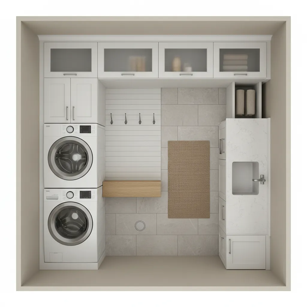 Functional layout of a small mudroom laundry room showing entry zone and laundry zone
