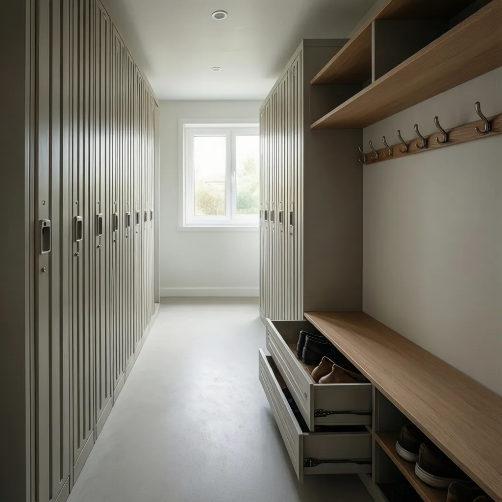 Small mudroom using vertical lockers and wall storage