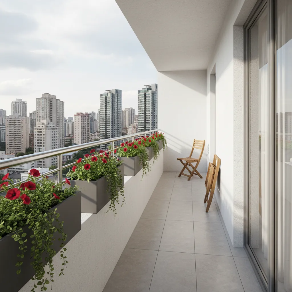 Small apartment balcony with minimal furniture and clear walking space