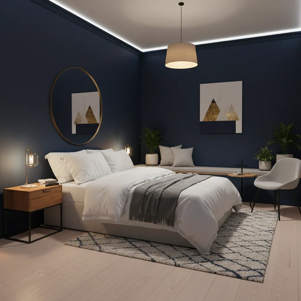 Small bedroom with dark navy walls and light bedding
