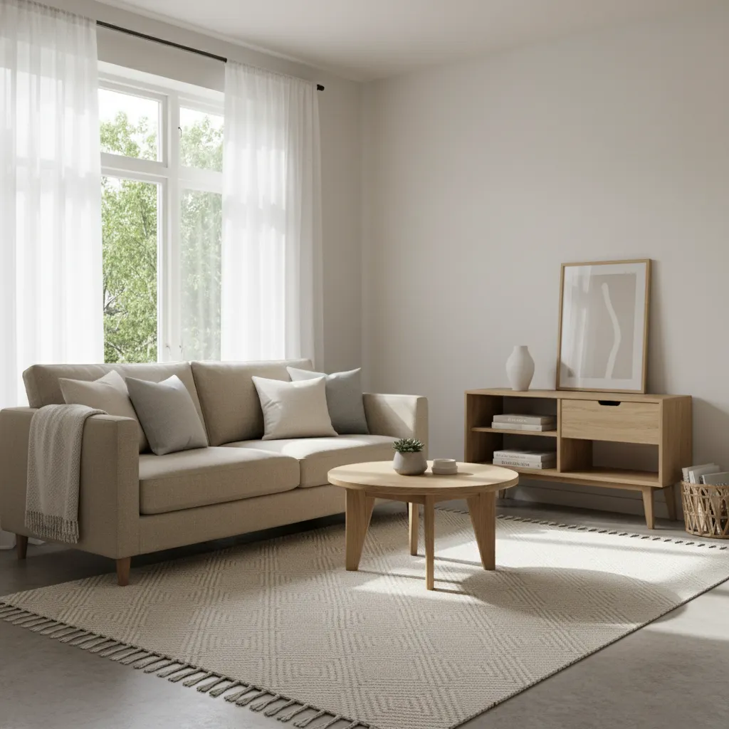 Pequeño salón con colores neutros y decoración minimalista que amplía visualmente el espacio