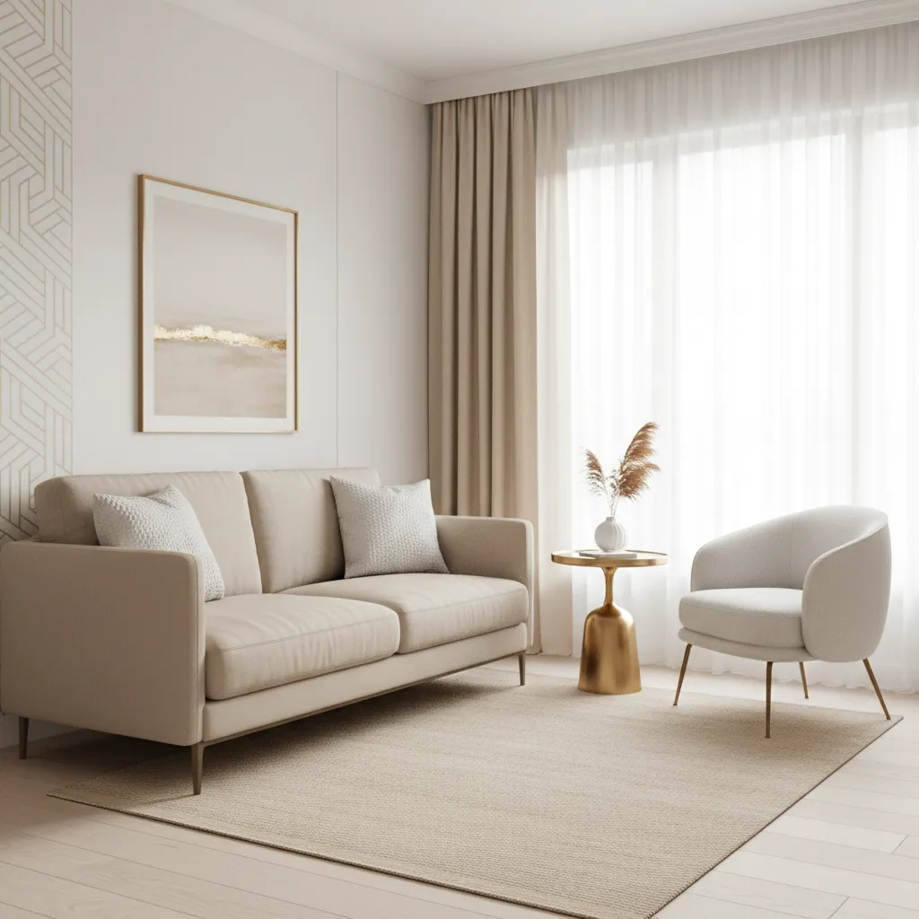 Small beige white gold living room layout optimized for space
