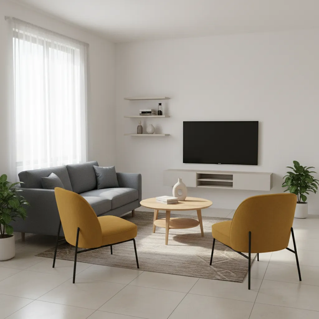 Modern living room with grey sofa, two yellow chairs, wooden coffee table, and wall television
