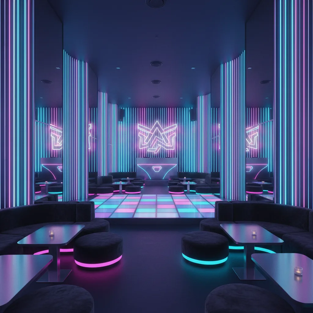 Diseño de discoteca pequeña con iluminación vertical y espejos