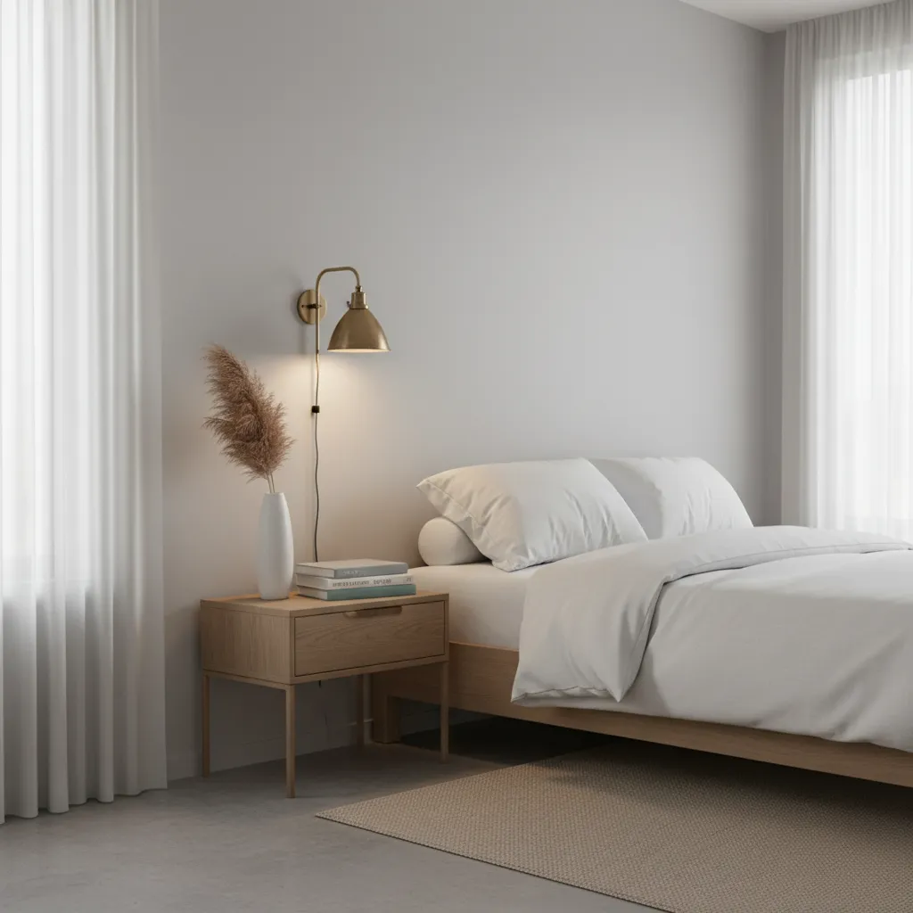 Small bedroom nightstand with wall sconce and vertical decor styling