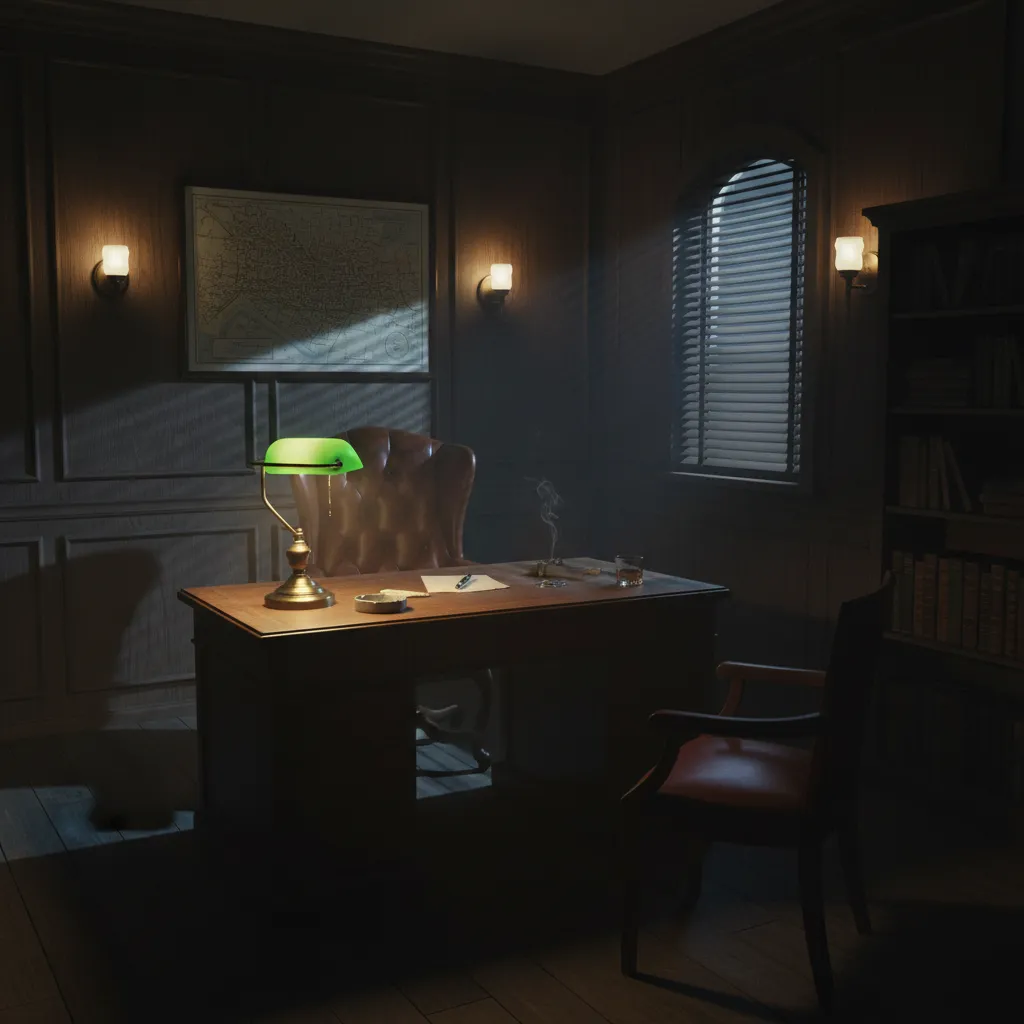 Layered lighting in a small noir detective office with desk lamp and wall sconce